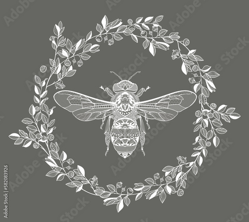 bee in a floral lace frame. vector illustration