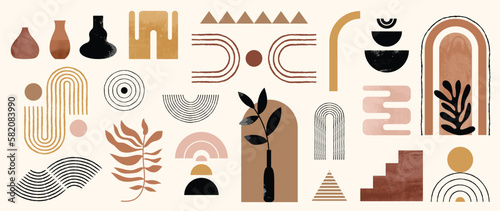 Hand drawn abstract minimal element mid century vector set. Aesthetic contemporary stripe line art, watercolor geometric shapes in nude colors. Art form design for wall art, decoration, wallpaper.