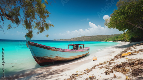 Beautiful caribbean sea and boat on the shore of exotic tropical island, panoramic view from the beach