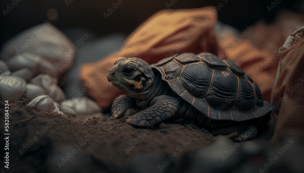 A turtle sleeps among the piles of plastic waste and the rain. concept of saving the world. Generative AI.
