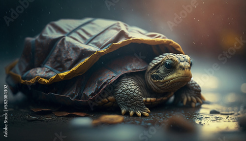 A turtle sleeps among the piles of plastic waste and the rain. concept of saving the world. Generative AI.
