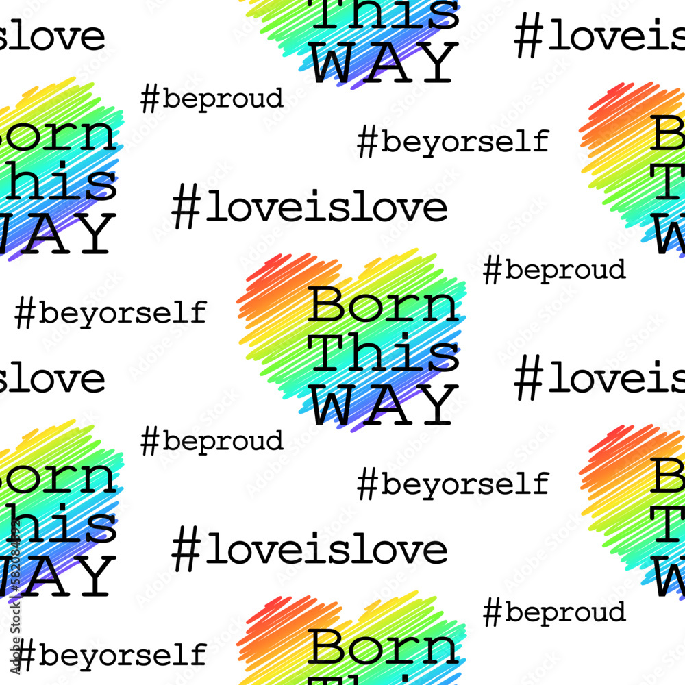 Rainbow colored hearts and black lettering on white background ...