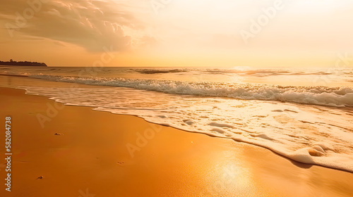 Closeup sea sand beach, Panoramic beach landscape, Orange and golden sunset sky calmness tranquil relaxing sunlight summer mood.