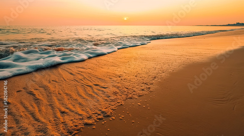 Closeup sea sand beach  Panoramic beach landscape   Orange and golden sunset sky calmness tranquil relaxing sunlight summer mood.