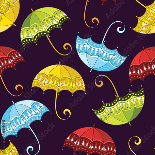 Fairytale Weather Forecast Seamless Pattern. Endless Texture with Dreaming Umbrellas. Fantasy Cartoon Design on Dark Background. Vector Contour Illustration. Abstract Art