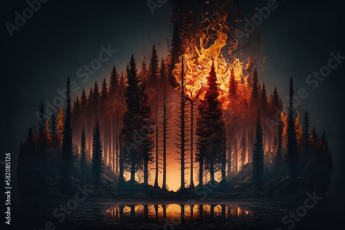 Burning forest. Wild fire in a forest during the night with burning flames and pinne trees burning to ashes. Global Warming environmental disaster. Ai generated