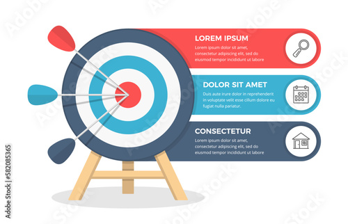 Red target with 3 elements for text and icons, infographic template, 3 steps to success
