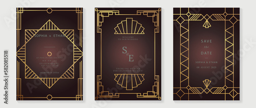 Luxury wedding invitation card background vector. Golden elegant geometric art deco gatsby style line art frame. Premium design illustration for wedding and vip cover template, banner, poster.