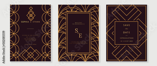 Luxury wedding invitation card background vector. Golden elegant geometric art deco gatsby style line art frame. Premium design illustration for wedding and vip cover template, banner, poster.
