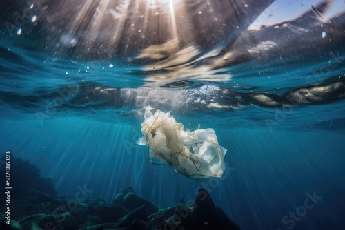 Plastic Trash & Garbage Underwater in the Ocean. Generative AI.