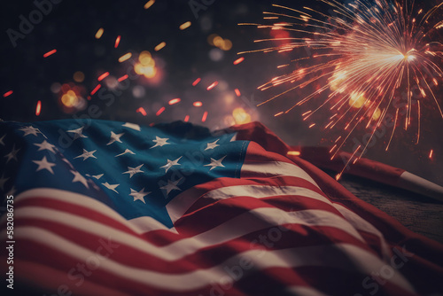 AI generated celebratory fireworks on background of american flag at usa independence day © Oleksandr