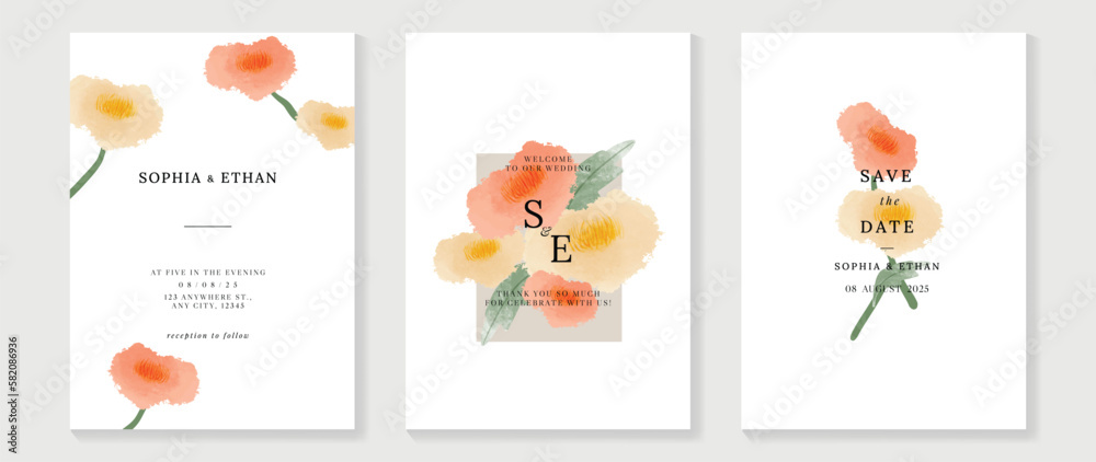 Luxury wedding invitation card background vector. Minimal hand painted watercolor botanical flowers texture template background. Design illustration for wedding and vip cover template, banner, poster.