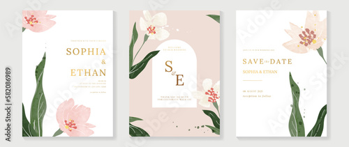Luxury wedding invitation card background vector. Minimal hand painted watercolor botanical flowers texture template background. Design illustration for wedding and vip cover template, banner, poster.