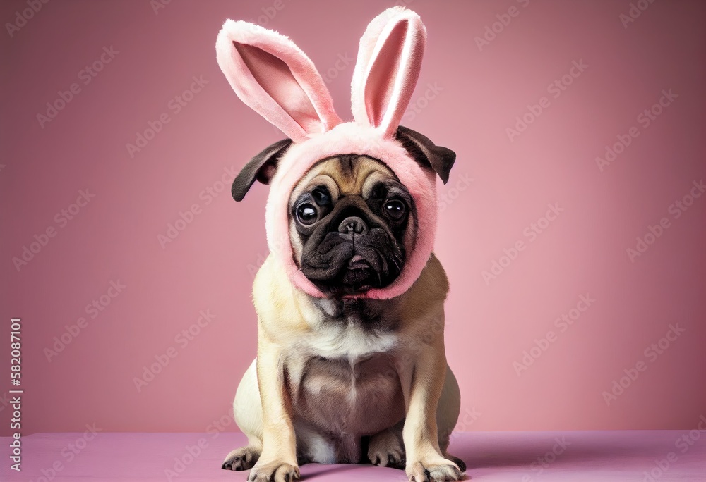 Funny pug dog with easter bunny ears on pink background - ai generated. Easter holidays concept