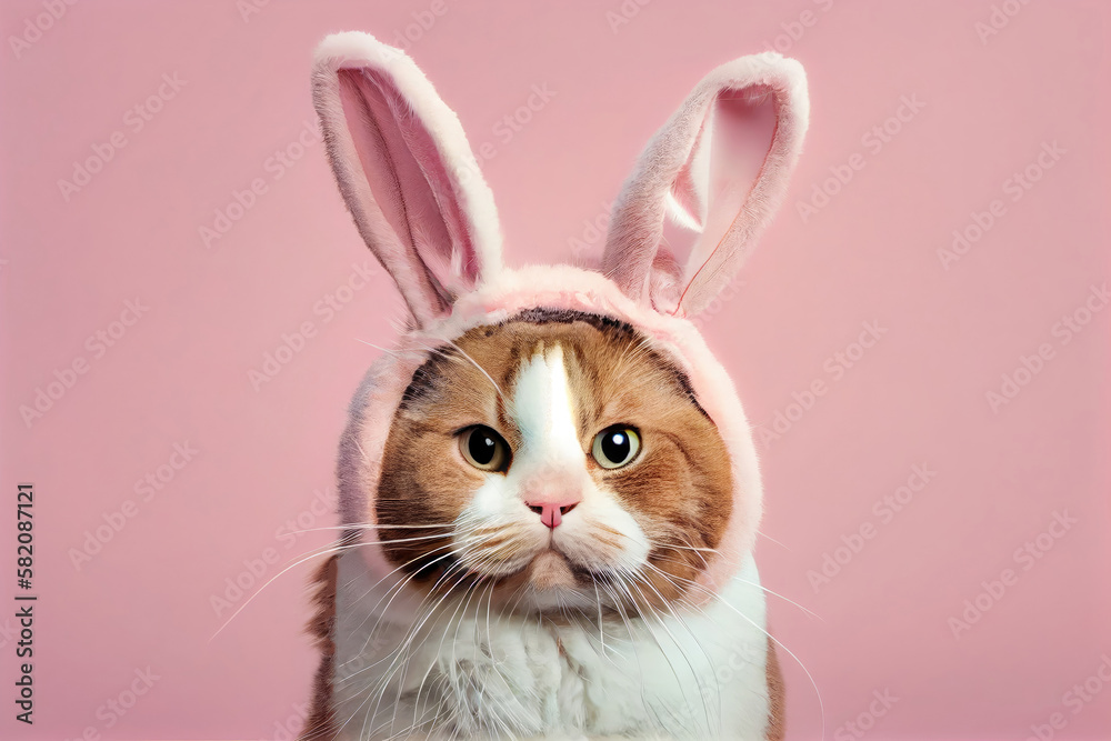 Portrait of Funny cat with easter bunny ears on pink background - ai generated. Easter holidays concept