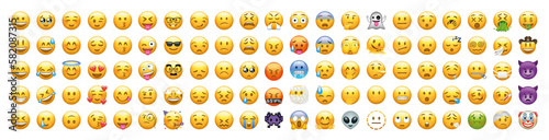Big set of yellow emoji. Funny emoticons faces with facial expressions. iOS emoji set. photo