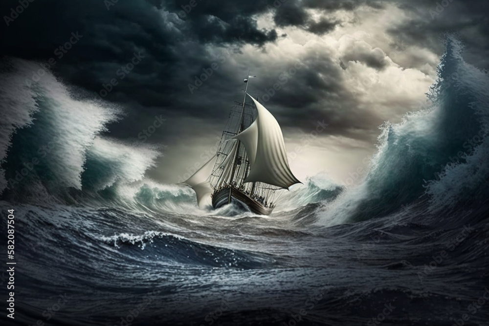 Sailing ship in a giant storm with crashing waves. Sailing Boat inside ...
