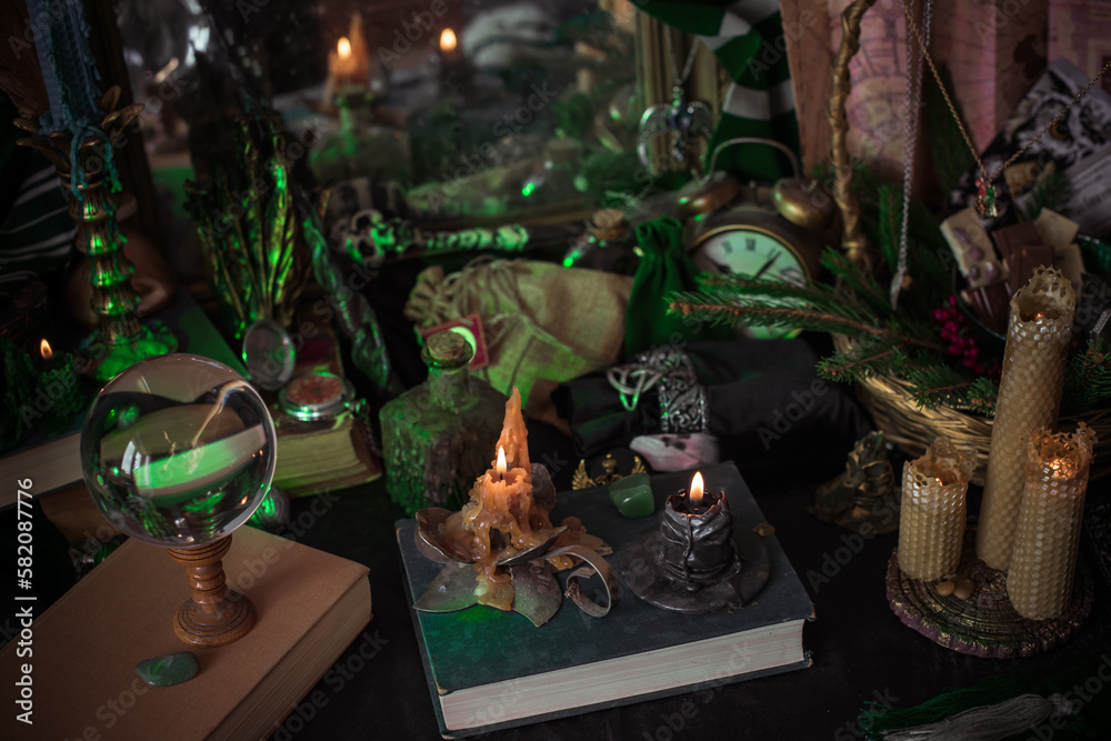 Fototapeta premium Illustration of esoteric scene, candles on a altar, divination predictions fate and oracle 