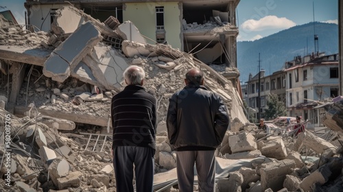 Refugees, view from the back, looking at damaged homes. Homeless people in front of destroyed home buildings because of earthquake or war missile strike. Refugees, war and economy crisis. photo