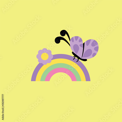 Vector illustration with rainbow, butterfly and flower isolated on the backgr...