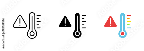 An icon of a thermometer with a threat level symbol, representing the idea of warning or danger. Vector set of icons in line, black and colorful styles isolated.