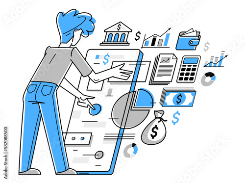 Financier working with finances online vector outline illustration, investment and tax and budget managing online on a web or mobile, funds administration.