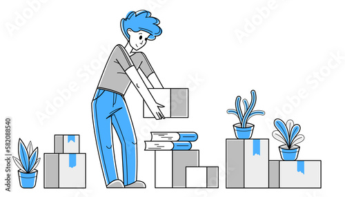 Moving to new apartment or business moving to new office, person carry and unpack boxes with stuff, beginning of new life, vector outline illustration.