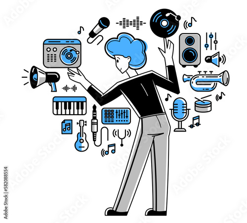 Music producer composing new track vector outline illustration, sound engineer doing his job in recording studio, composer creating audio mix.