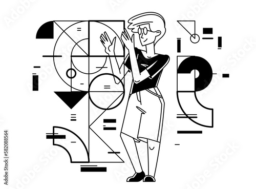 Creative worker doing some job and creating some system, inspired inventive designer or engineer composing abstract elements, vector outline illustration.