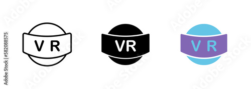 A round symbol representing the world of virtual reality, depicting the endless possibilities of immersive experiences. Vector set of icons in line, black and colorful styles isolated.