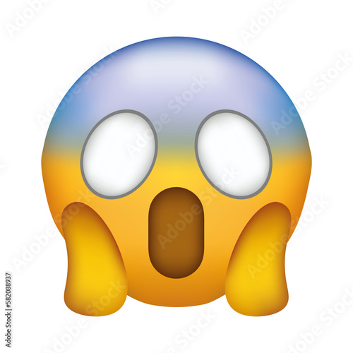 Screaming in fear emoji. Horror and fright emoticon. Yellow face with blue forehead, big scared eyes and long, open mouth.