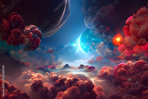 Ilustracja inspirowana kosmosem, wszechświat, chmury, gazy, światło. Wygenerowane przy pomocy AI