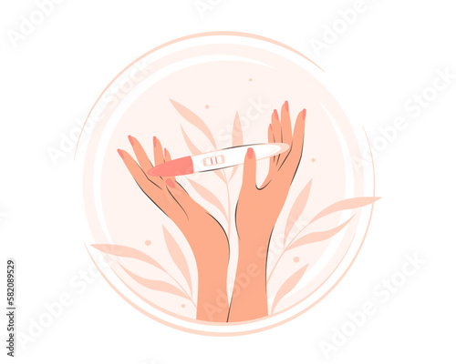 Female hands holds pregnancy test or ovulation with positive result in the form of two lines. Child planning and motherhood concept. Vector illustration.
