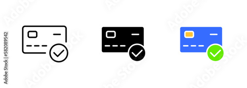 An image of a bank card with a green checkmark, symbolizing a successful transaction or a verified payment method. Vector set of icons in line, black and colorful styles isolated.
