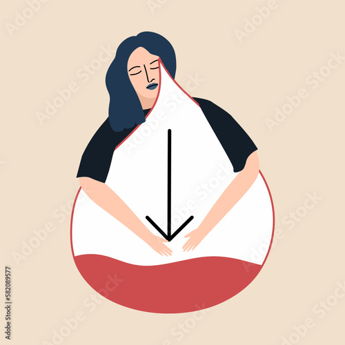The person suffers from hypoglycemia. A woman hugs a drop of blood with a low sugar reading. The concept of pre-diabetes or anemia. Vector illustration in a flat style.
