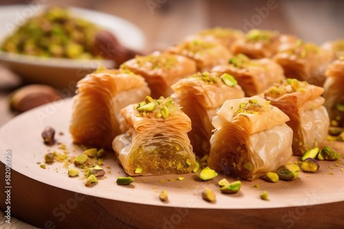 Exquisite Baklava Display, Capturing the Golden Brown and Luscious Layers of this Middle Eastern Treat, created with Generative AI technology