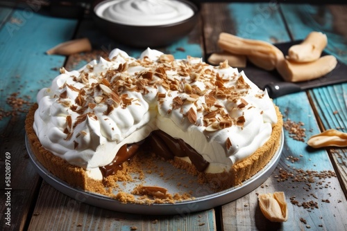 Irresistible Banoffee Pie, Showcasing Beige and Golden Tones of this Decadent British Dessert, created with Generative AI technology