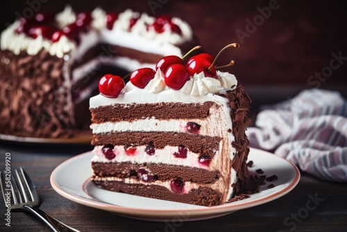 Mouthwatering Black Forest Cake, Showcasing the Decadent Layers of this German Delight, created with Generative AI technology