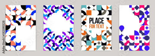 Geometric design covers vector set  colorful modular constructor design backgrounds  flyer templates in retro 70s style  art pattern square and circle shapes.