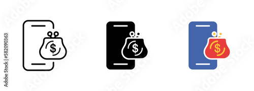 A smartphone with a wallet icon, representing mobile payments and digital banking. Vector set of icons in line, black and colorful styles isolated.