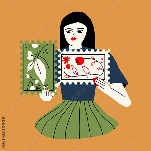 A girl with self-care spends time on her favorite hobby. A woman collects postage stamps with flowers. Vector illustration in hand drawn style. Art poster, postcard