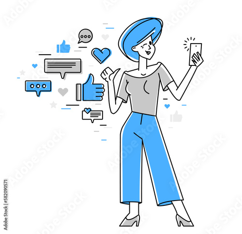 Young person with smartphone phone doing selfie or sharing a video in a social media vector outline illustration.