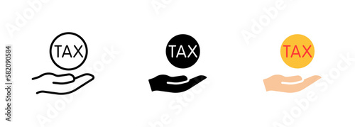 The image shows a hand holding a tax icon, which could represent paying taxes or filing tax returns. Vector set of icons in line, black and colorful styles isolated.