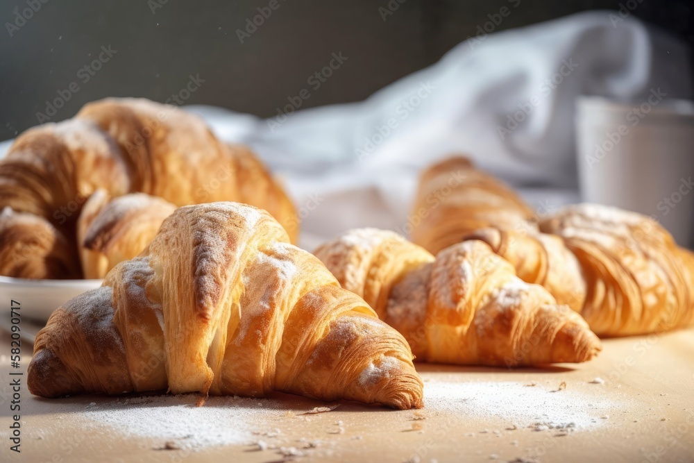 Golden Croissants, Capturing Beige and Warm Tones, a Delectable French Pastry Delight, created with Generative AI technology Golden Croissants, Capturing Beige and Warm Tones, a Delectable French Pastry Delight, created with Generative AI technology