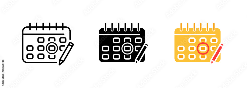 Calendar with a pencil icon, which may represent scheduling, planning, or the act of writing down important dates or events. Vector set of icons in line, black and colorful styles isolated.