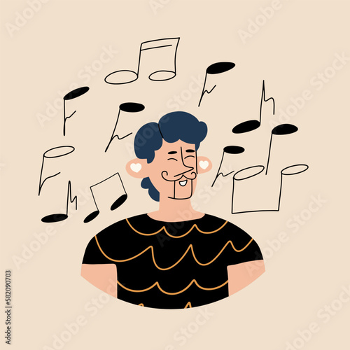Man listens to music. Melomaniac concept. Vector illustration in hand drawn style