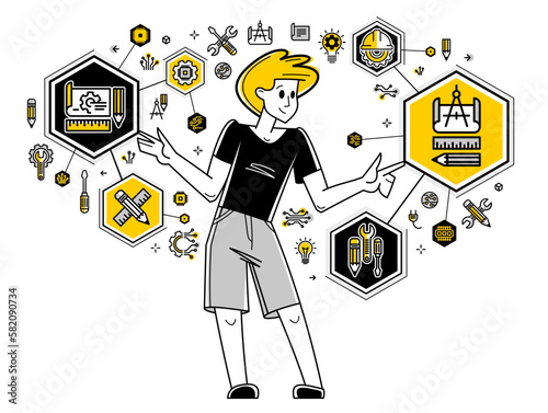 Engineer working on a project, mechanic specialist doing his job on draft plan vector outline illustration, creative inventor, machine repair.