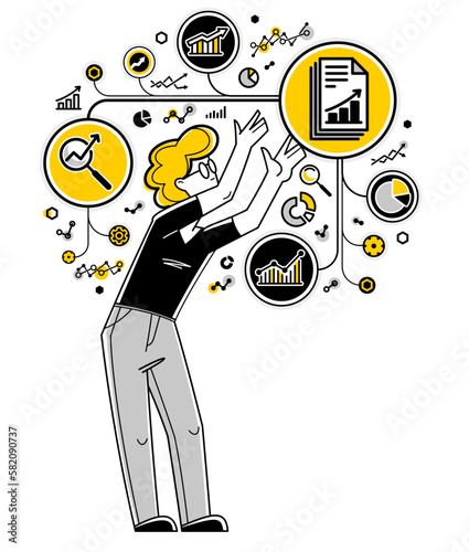 Worker analyzes some data and systematizing information, vector outline illustration, abstract big data analysis, automation