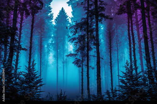 A foggy wood pine forest with dark trees shillouettes and purple blue colors. Dramatic fog in the forest. Ai generated photo