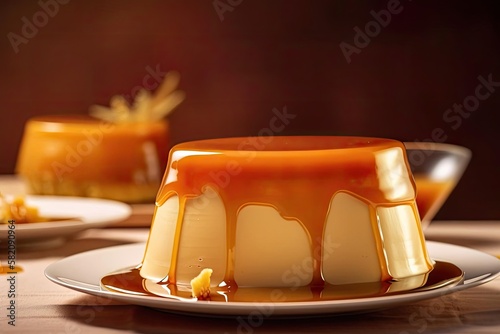 Classic Flan, Displaying Caramel and Beige Hues, a Silky-Smooth Latin Dessert, created with Generative AI technology